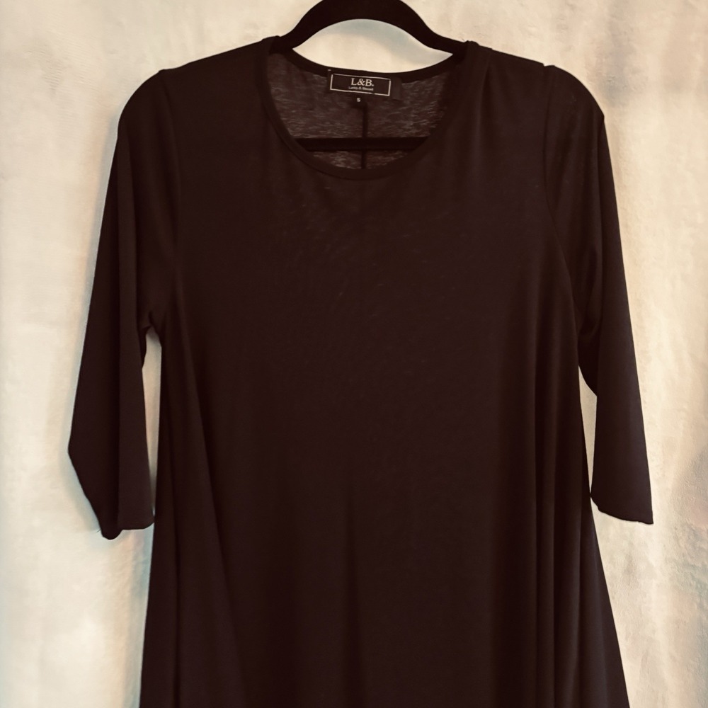 L&B Lucky Blessed tent swing dress SMALL Black Knit Pocket Dress stretch 3/4 - Picture 2 of 9